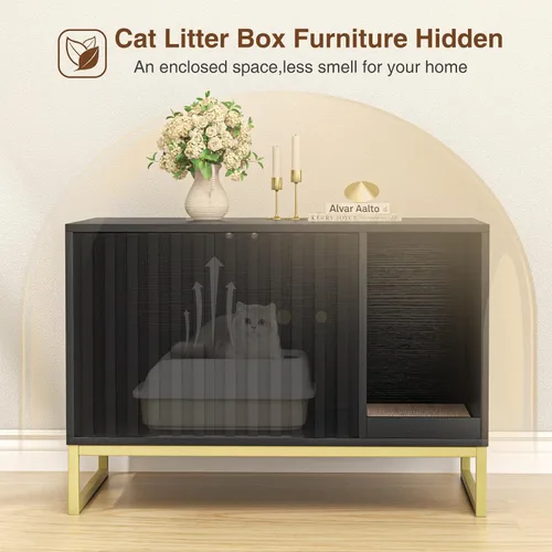 Miniatura 2 de Halitaa Caja de Arena para Gatos, Mueble Moderno de Caja de Arena para Gatos Caja de Arena Oculta con Almohadilla para Rascar, Mesa Auxiliar Casa