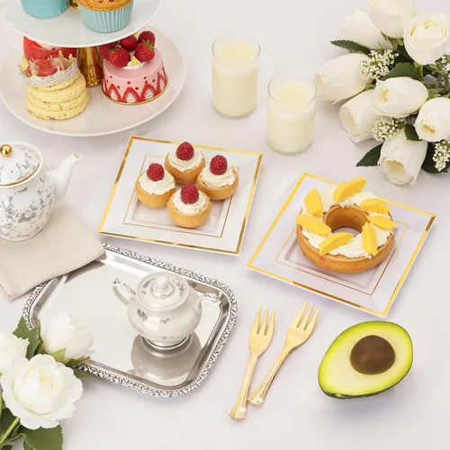 Miniatura 4 de RDF oro placas plásticas con tenedores de plástico-6 "100 platos de postre cuadrados disponibles con borde de oro y 100 tenedores de postre oro