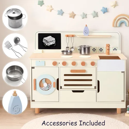 Miniatura 6 de Juego de cocina de madera Pillowhale, juego de cocina grande interactivo con lavadora, horno, cajón y almacenamiento, utensilios de cocina de metal