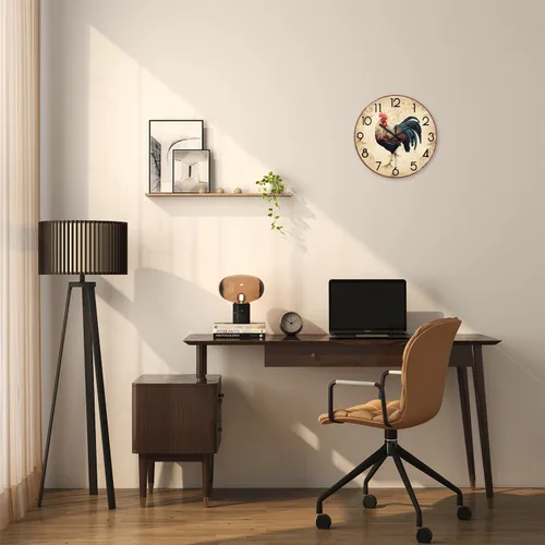 Miniatura 2 de XNM - Relojes de pared redondos rústicos para decoración de cocina y sala de 12 pulgadas, reloj de gallo de vidrio, funciona con pilas, marrón