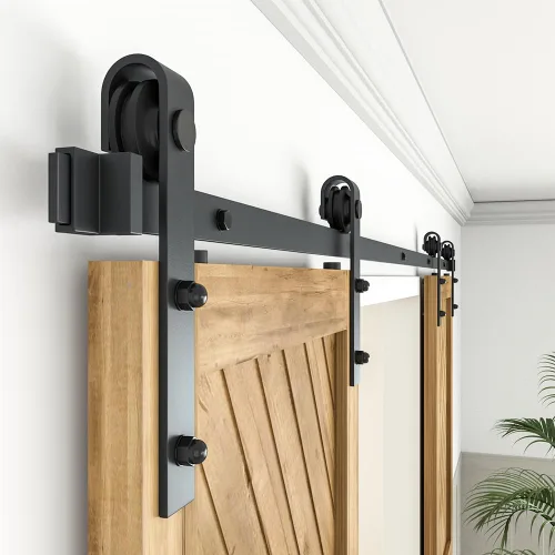 Miniatura 4 de WINSOON Kit de herrajes para puerta corrediza doble de granero para puertas dobles, armario de madera, superficie negra, estilo antiguo