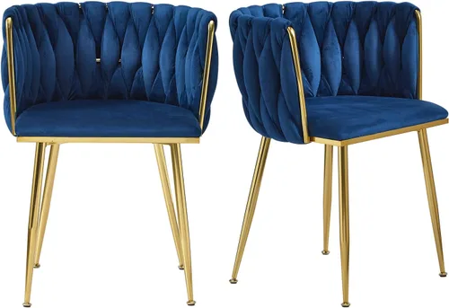 Miniatura 20 de Juego de 2 sillas de comedor de terciopelo, modernas sillas de comedor tapizadas con patas de metal dorado y respaldo tejido para comedor, cocina