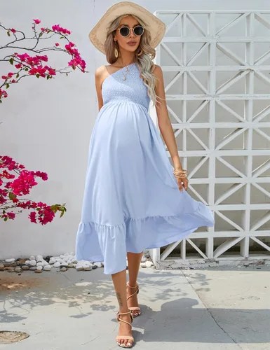 Miniatura 4 de KOJOOIN Vestido de maternidad de manga corta con hombros descubiertos para mujer, vestido de verano casual con volantes, vestido midi fluido