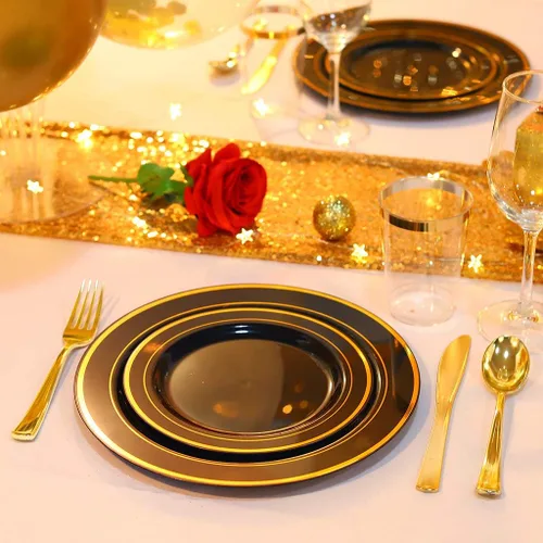 Miniatura 3 de bUCLA - 100 piezas de platos de postre de plástico negro y dorado - Platos desechables de 19 cm para ensalada/aperitivo - Ideales para fiesta