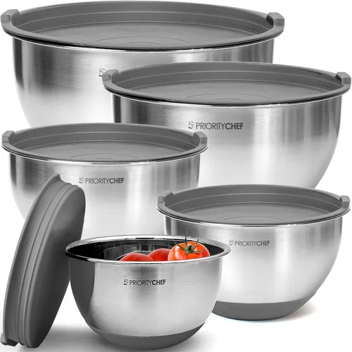 Priority Chef Juego de tazones de mezcla de alta calidad con tapas herméticas, juego de tazones de mezcla de acero inoxidable más grueso, cuencos