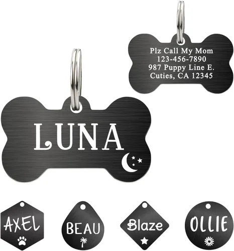 Ultra Joys - Etiqueta personalizada de identificación para mascotas para perros, etiqueta de identificación de hueso de acero inoxidable cepillado,