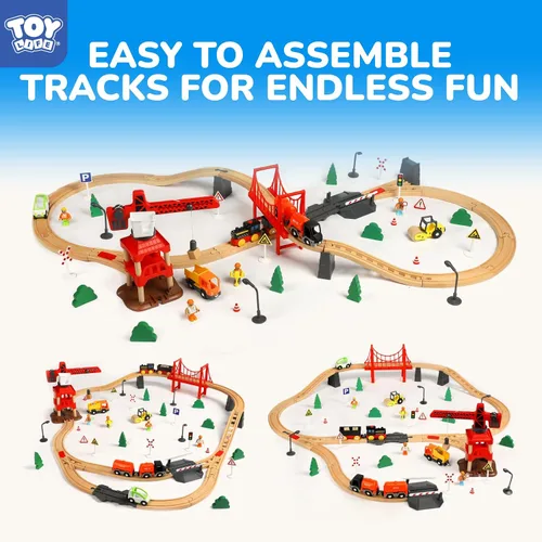 Miniatura 3 de TOY Life Juego de Tren de 81 Piezas con Grúa y Locomotora, Juguete de Tren de Madera, Vías de Tren de Madera para Niños Pequeños de 3, 4, 5 Años