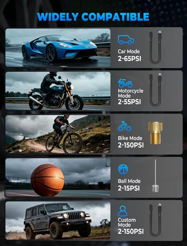 Miniatura 6 de Inflador de neumáticos, compresor de aire portátil, inflador de neumáticos inalámbrico de 150 PSI, apagado automático y luz LED, bomba de bicicleta