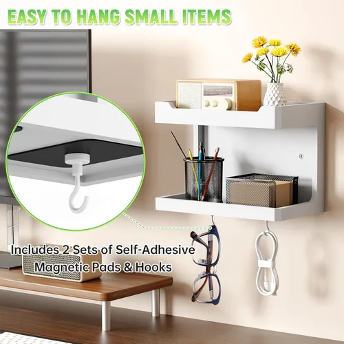 Miniatura 4 de NiHome Organizador Grande de Mesita de Noche de Madera para Montar en la Pared, Estantes de Almacenamiento Dobles y Ganchos Magnéticos, Estante