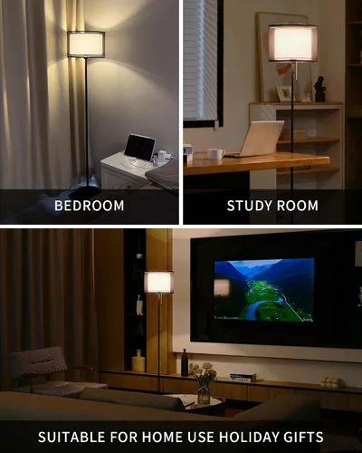 Miniatura 6 de KDG Lámpara de pie moderna, lámpara de trípode alta para sala de estar, dormitorio, oficina; pantalla de tela, bombilla LED, luz cálida (negro)