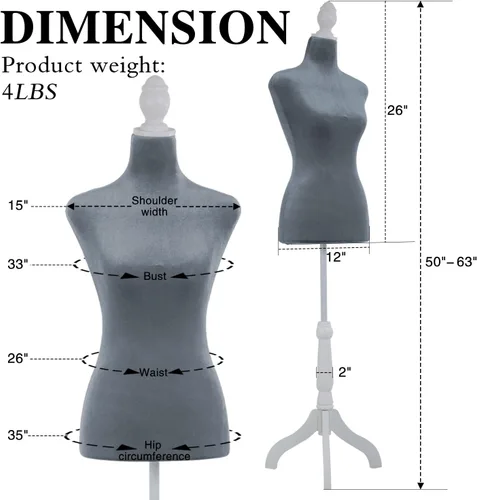Miniatura 7 de Base de trípode de madera, maniquí femenino, forma de vestido de torso de 50 a 63 pulgadas, altura ajustable para coser, cuerpo de espuma (gris)