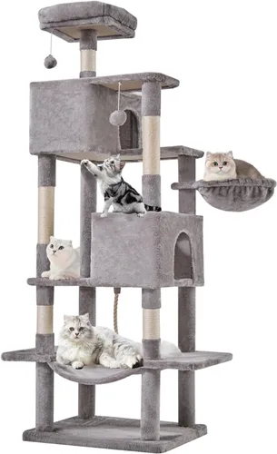 Árbol grande para gatos de 66 pulgadas, torre de árbol para gatos de varios niveles con condominio, perchas, postes rascadores de sisal y hamaca,