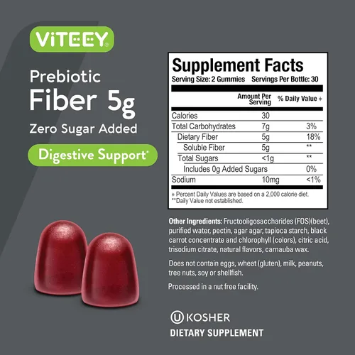 Miniatura 4 de Viteey Gomitas de fibra prebiótica para adultos, 0.18 oz - Gomitas de suplemento de fibra soluble digestiva y salud intestinal - Cero azúcar