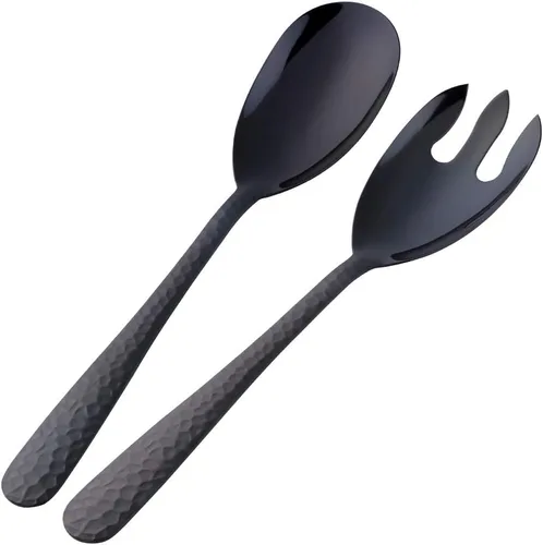Juego de cuchara y tenedor de ensalada, 12 pulgadas, acero inoxidable, utensilios de servir negros, aptos para lavavajillas, paquete de 2
