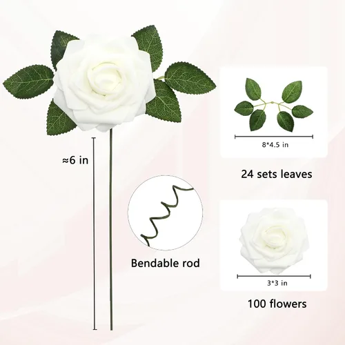 Miniatura 2 de Flores Artificiales Rosas Realistas, 100 pcs Rosas Falsas de Aspecto Real con Tallo para Ramos de Boda DIY Centros de Mesa Despedidas de Soltera