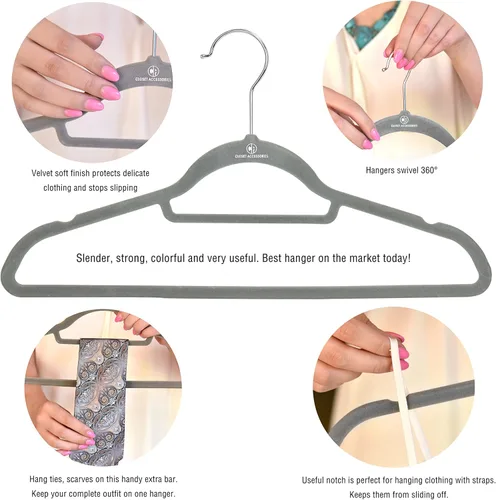 Miniatura 2 de Paquete de 50 perchas de terciopelo resistentes que incluyen barra de amarre, muescas y gancho cromado de 360° (gris)