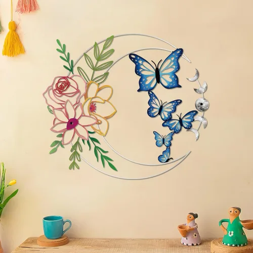 Miniatura 10 de ruelen Decoración de pared de metal con diseño de mariposa y luna, arte de pared bohemio floral para colgar en la pared en el hogar