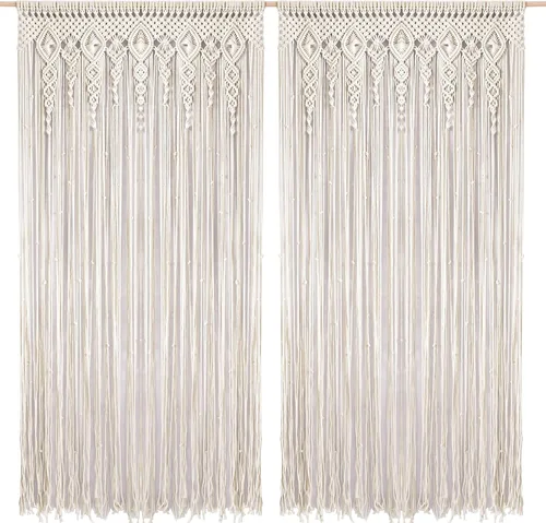 Foreate Cortinas de macramé largas de algodón para colgar en la pared, cortina bohemia con cuentas para ventana, puerta, telón de fondo de boda,