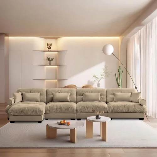 Miniatura 16 de Reposapiés Otomano Tapizado de Terciopelo con Cojín para Sofá Seccional Sofá 300 libras para Sala de Estar (Beige)