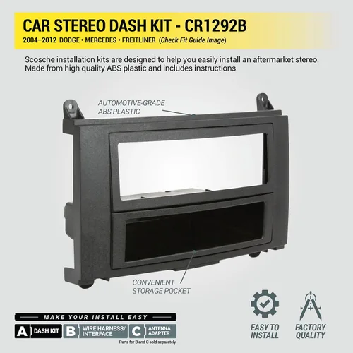 Miniatura 5 de Scosche CR1292B Kit de instalación de radio DIN doble o individual compatible con camionetas Dodge seleccionadas, Mercedes y Freightliner Sprinter