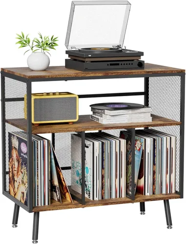 VyGrow Soporte para tocadiscos con almacenamiento de vinilo, soporte para tocadiscos de 3 niveles con capacidad para hasta 220 álbumes, estante