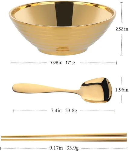 Miniatura 2 de Juego de tazones de sopa de fideos japoneses para ramen, 2 juegos (7.09 pulgadas) dorado de doble capa de acero inoxidable 18/8 con palillos y Oro