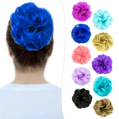 Moño desordenado, rizado azul, ondulado, extensiones de cabello sintético para mujeres y niñas, 1 unidad