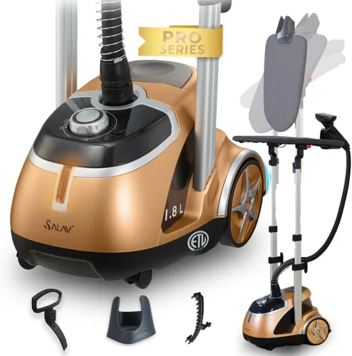 SALAV® Vaporizador Profesional para Ropa con Tabla de Planchar Integrada, Vapor Continuo de 1500W, 4 Ajustes de Vapor, Acabado Cromado, Placa de