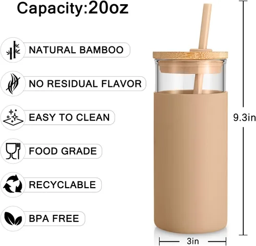 Miniatura 2 de Tronco - Vaso de vidrio de 20 onzas, botella de agua con pajilla, funda protectora de silicona y tapa de bambú, sin bisfenol A, ámbar, 8