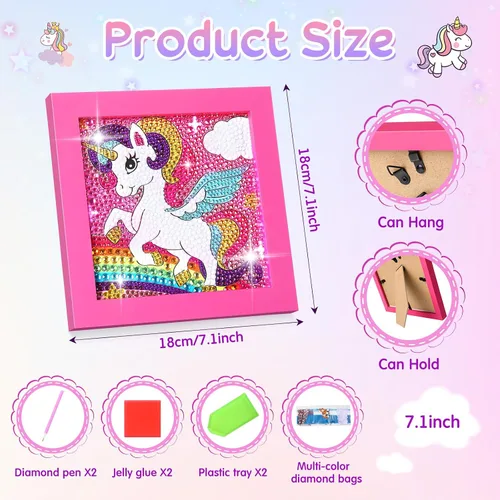 Miniatura 2 de SATINIOR Kit de pintura de diamante de unicornio con marco para niños, regalos de fiesta de unicornio, manualidades de arte de diamante, pintura 5D