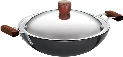 Miniatura 9 de Futura freidora con anodizado duro (Kadhai) con tapa de acero y parte inferior plana, Negro