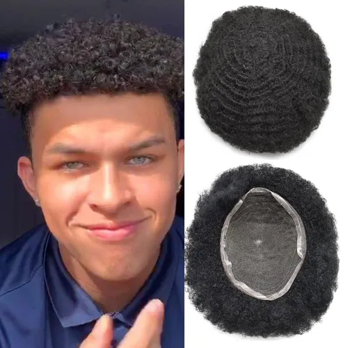 Miniatura 8 de Afro Toupee para hombres negros, afro americano rizado para hombre, tupé completo con base de encaje francés, unidad de cabello humano, peluca