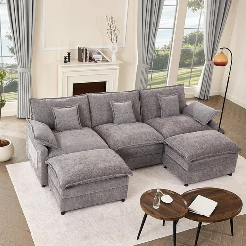 Miniatura 15 de GOSUHI - Sofá en forma de U de 108", sofá seccional modular, sofá de nube de 3 plazas con otomana móvil, sofás de asiento profundo para sala de Beige