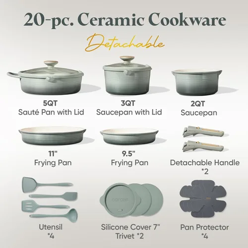 Miniatura 2 de CAROTE Juego de utensilios de cocina de titanio de 17 piezas, juego de ollas y sartenes antiadherentes, juego de cocina de cocina con mango