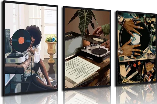 Miniatura 8 de Lienzo enmarcado de niña negra, 3 unidades, diseño de niña negra, música de discos, decoración de pared, cuadros de niña negra funky, pósteres