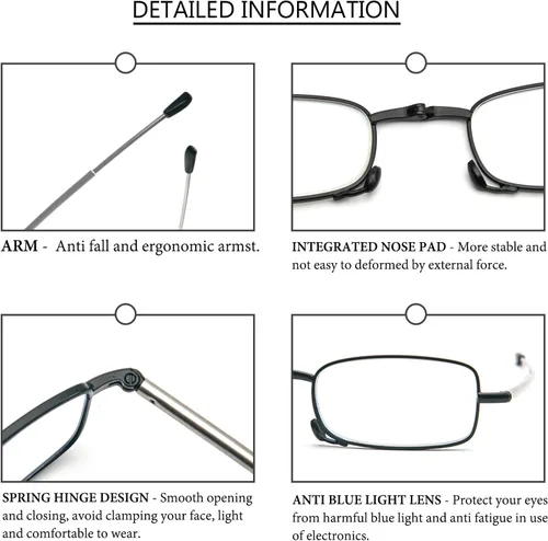 Miniatura 6 de Paquete de 2 lentes de lectura plegables de acero inoxidable, mini lector de bloqueo de luz azul para hombres y mujeres Paquete de 2 (negro + gris)