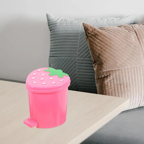 Miniatura 9 de NUOBESTY Mini basurero de escritorio de fresa con tapa de 4.13 x 3.54 pulgadas, lindo cubo de basura rosa para escritorio de oficina en casa