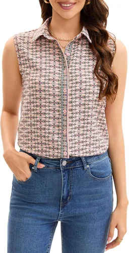 Miniatura 6 de JTD Camisas sin mangas con botones para mujer, tops casuales con cuello, camiseta sin mangas con cuello en V, blusas de verano para trabajo