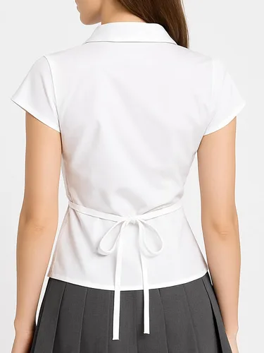 Miniatura 5 de SUNNOW Blusa plisada de manga corta con botones en el pecho para mujer, blusa casual