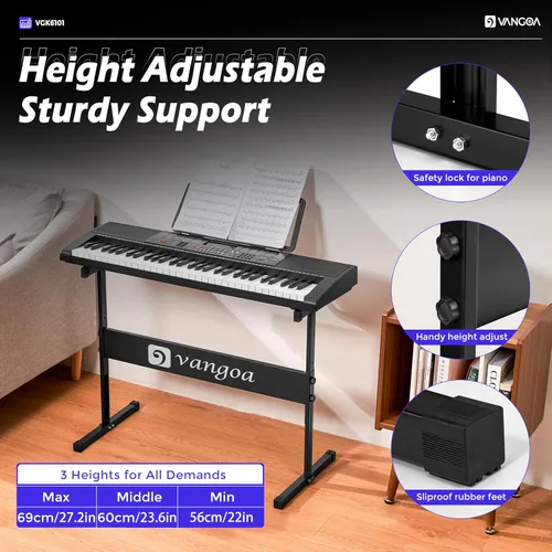 Miniatura 8 de Vangoa Piano de Teclado Eléctrico de 61 Teclas, Kit de Teclado de Piano Electrónico con Luces, 600 Voces, 400 Ritmos con Soporte para Piano, Negro