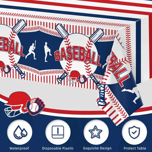 Miniatura 5 de Miucat Mantel de béisbol de 3 piezas, mantel de mesa y decoración de fiesta, mantel de plástico desechable, rectangular para juegos de béisbol