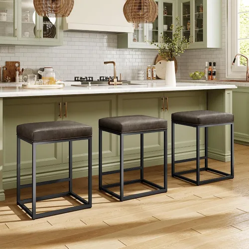 Miniatura 13 de MAISON ARTS - Juego de 3 taburetes de bar de altura para encimera de cocina de 24 pulgadas sin respaldo, modernos taburetes de bar tapizados de piel