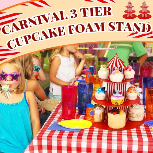 Miniatura 5 de Amyhill 2 soportes para cupcakes de carnaval de cartón de 3 niveles, soporte para cupcakes de circo a rayas rojas y blancas para exhibiciones
