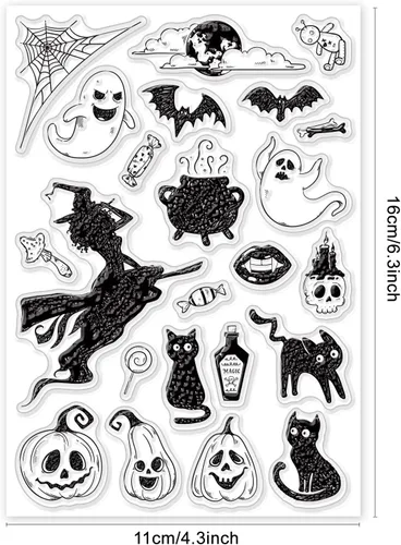 Miniatura 2 de ORIGACH Sellos transparentes de silicona – Bruja, fantasma, gato, murciélago, calabaza, sellos reutilizables para hacer tarjetas, álbumes