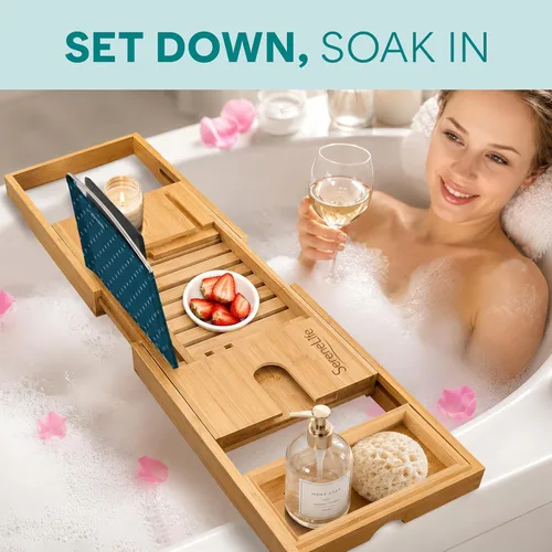 Miniatura 6 de SereneLife SLBCAD20 - Bandeja de bambú de lujo para bañera, organizador ajustable de madera natural para bañera con soporte para vino, colocación