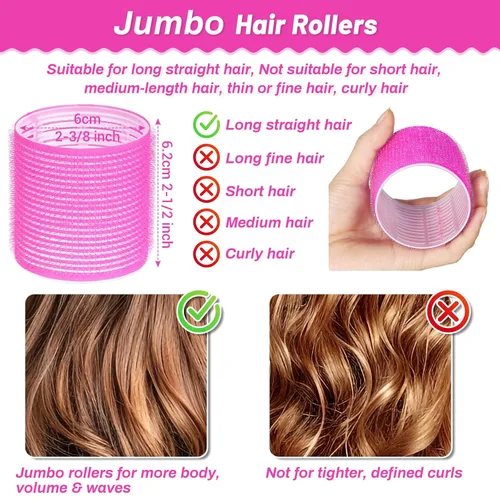 Miniatura 2 de Rizadores de pelo jumbo, 12 rulos de pelo jumbo de 2.32 pulgadas, rodillos de sujeción con 12 pinzas para cabello largo y liso (rojo rosa)