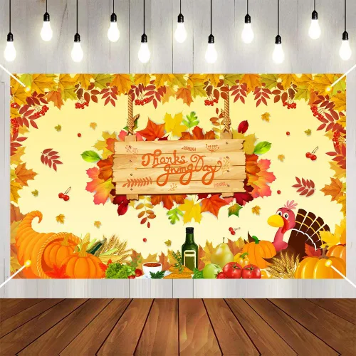 Miniatura 4 de Decoraciones de fiesta temática de Acción de Gracias, pancarta de hoja de arce, mantel de telón de fondo de calabaza de pavo, abanicos de papel
