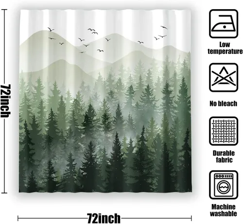 Miniatura 8 de Accnicc Juego de cortinas de ducha con diseño de bosque nebuloso, naturaleza, montaña, pino, cortinas de ducha para baño, ombre verde salvia blanco
