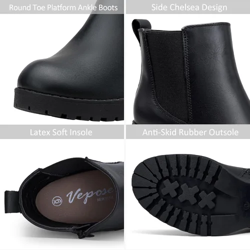 Miniatura 4 de Vepose Botines de moda para mujer, tacón bajo grueso, plataforma Chelsea para mujer