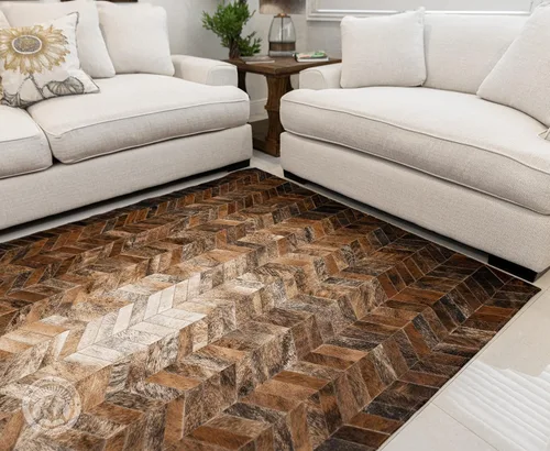 Miniatura 5 de Sunshine Cowhides Alfombra de piel de vaca 100 % auténtica, diseño de cheurón tricolor, diseño de cheurón, moderno tapete para sala de estar